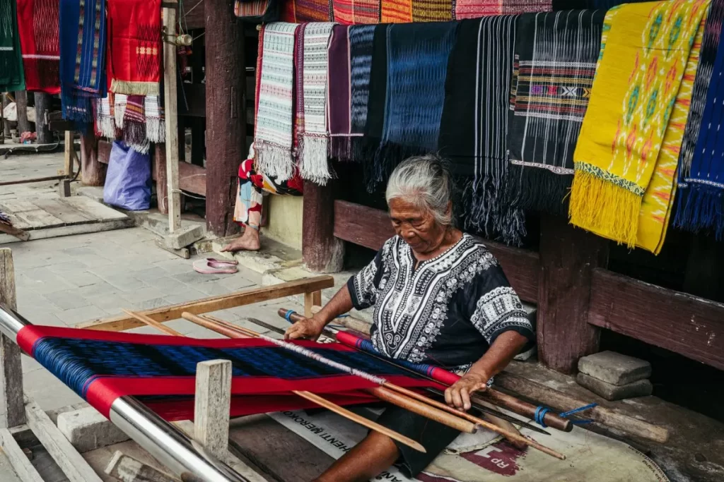 traditional sacred ulos textile weaves by local people in samosir, toba, north sumatra