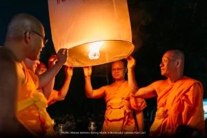 Monks release lanterns during Vesak in Borobudur